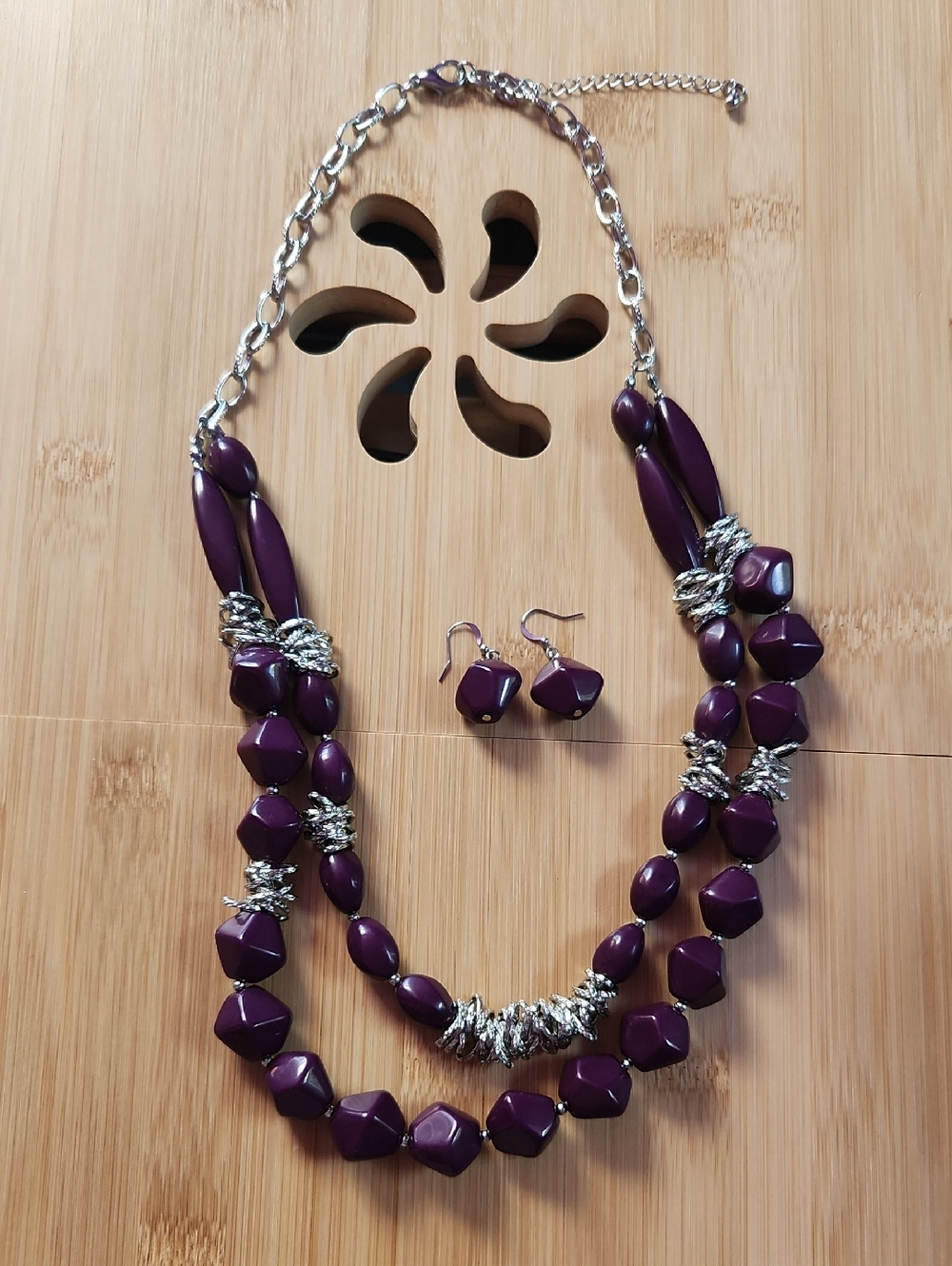 Purple Reign​ Bold Plum & Silver Double-Strand Statement Necklace & Earring  *F6